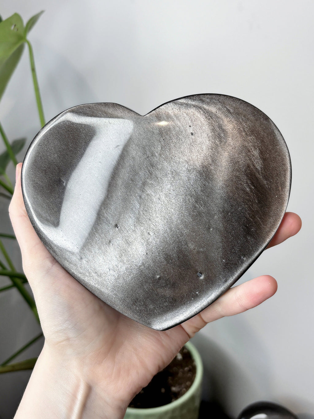 Large Silver Sheen Obsidian Heart, Polished Black Obsidian with Silver Flash Crystal Carving