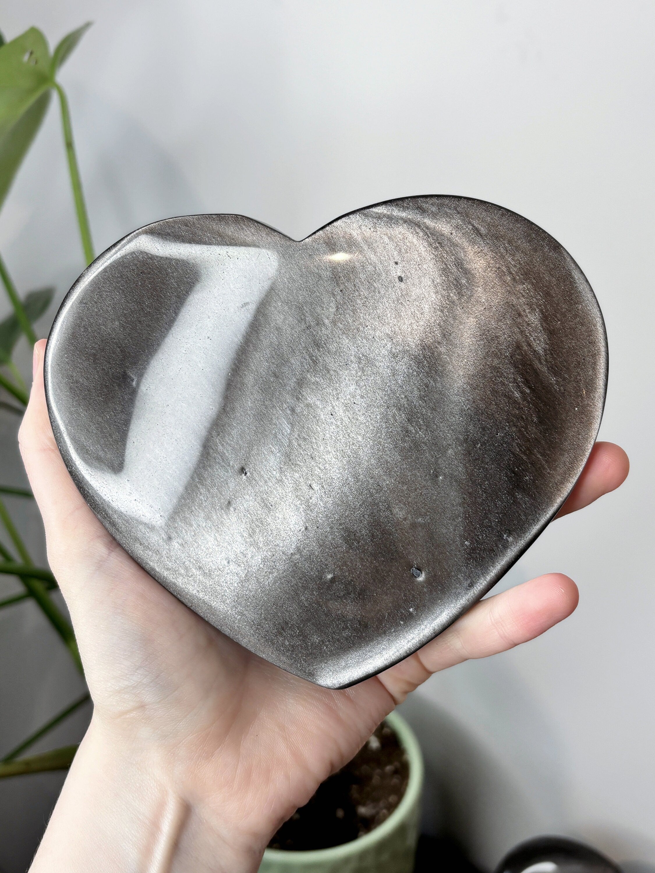 Large Silver Sheen Obsidian Heart, Polished Black Obsidian with Silver Flash Crystal Carving