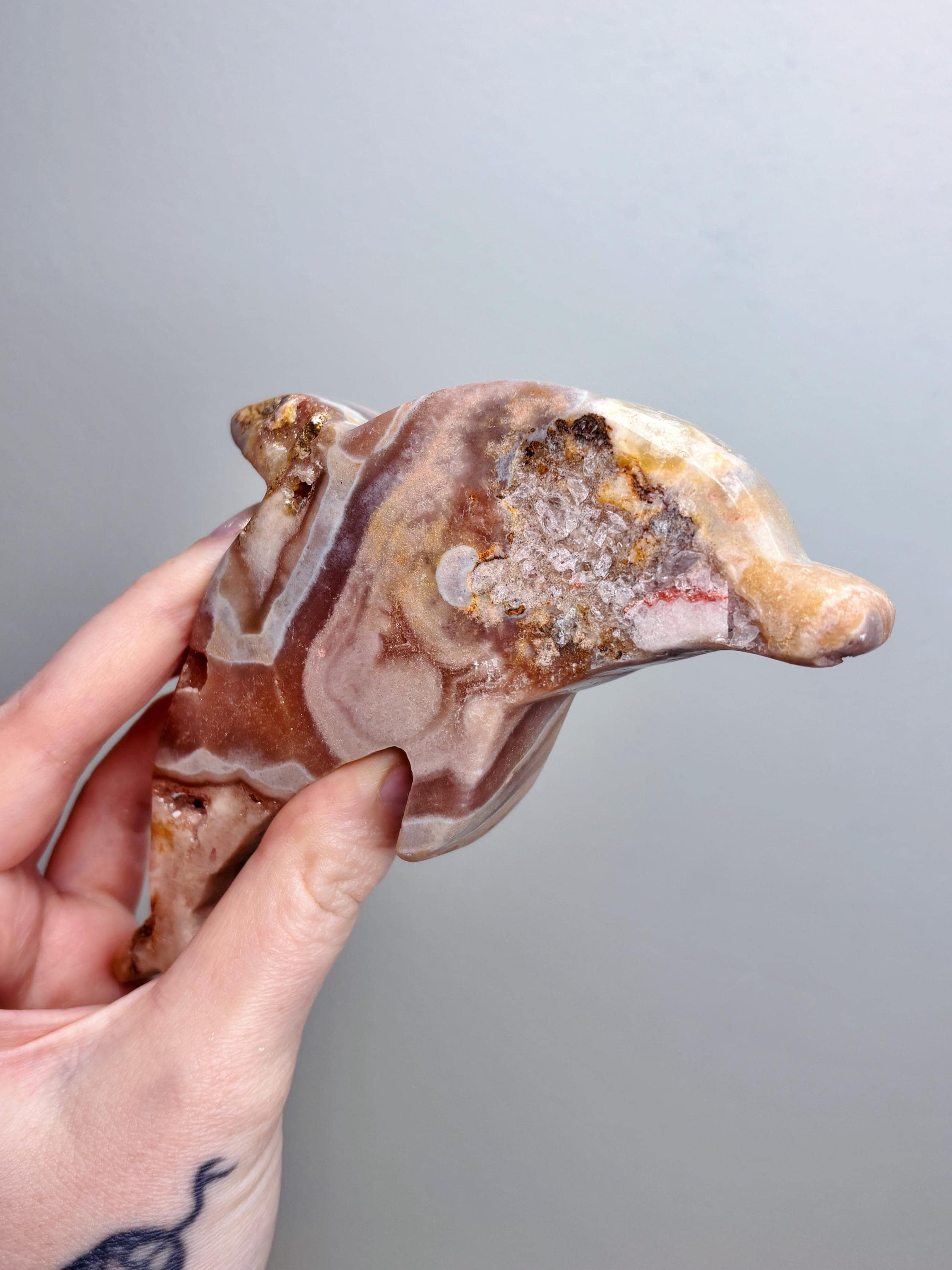 Yellow & Pink Amethyst Dolphin Crystal with Gold Stand,