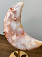 Peach-Pink Flower Agate Crescent Crystal Moon Carving on Gold Stand