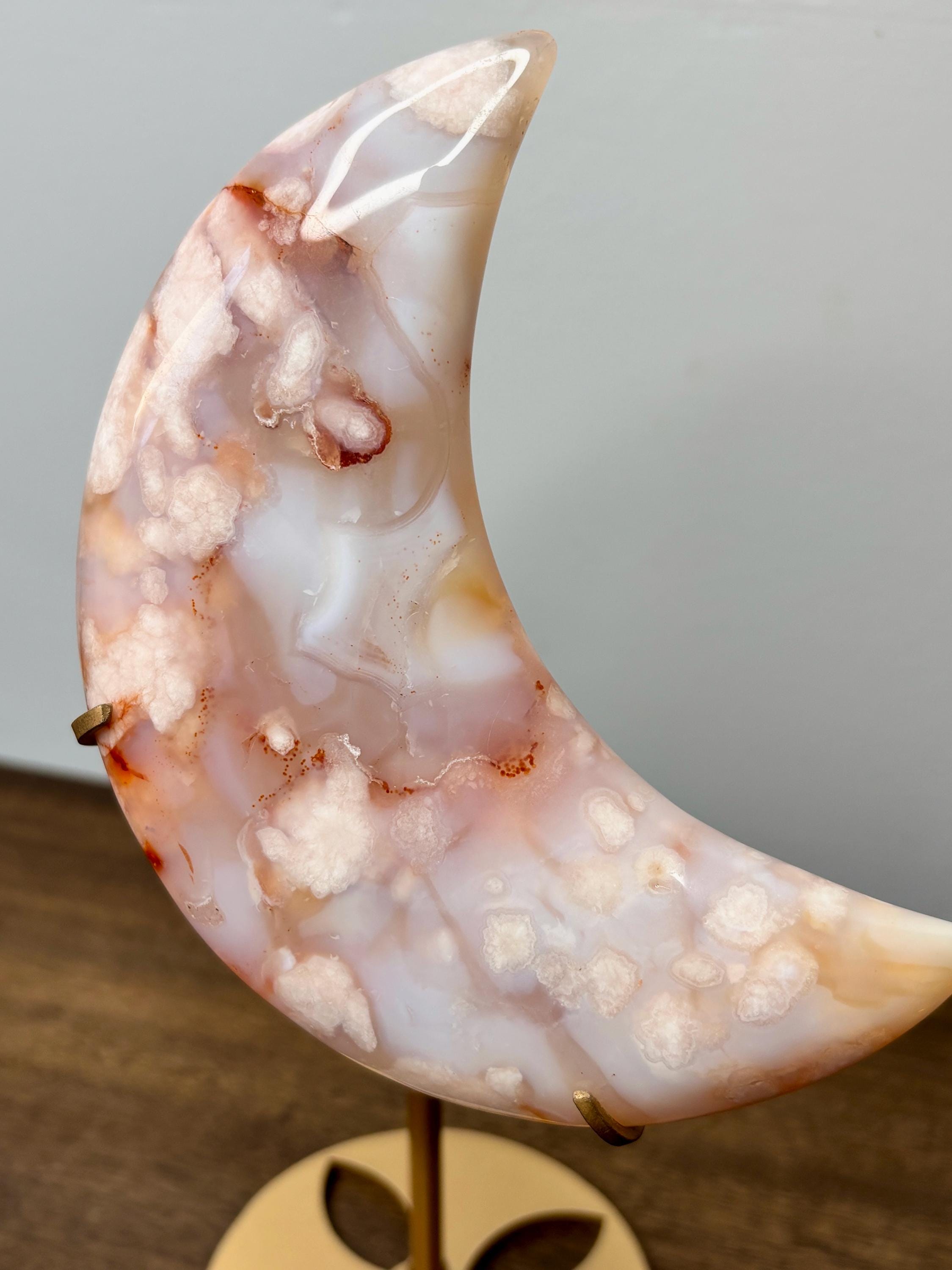 Peach-Pink Flower Agate Crescent Crystal Moon Carving on Gold Stand