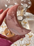 Pink Amethyst Flower Agate Moon Crystal, Crescent Moon Carving on Gold Stand