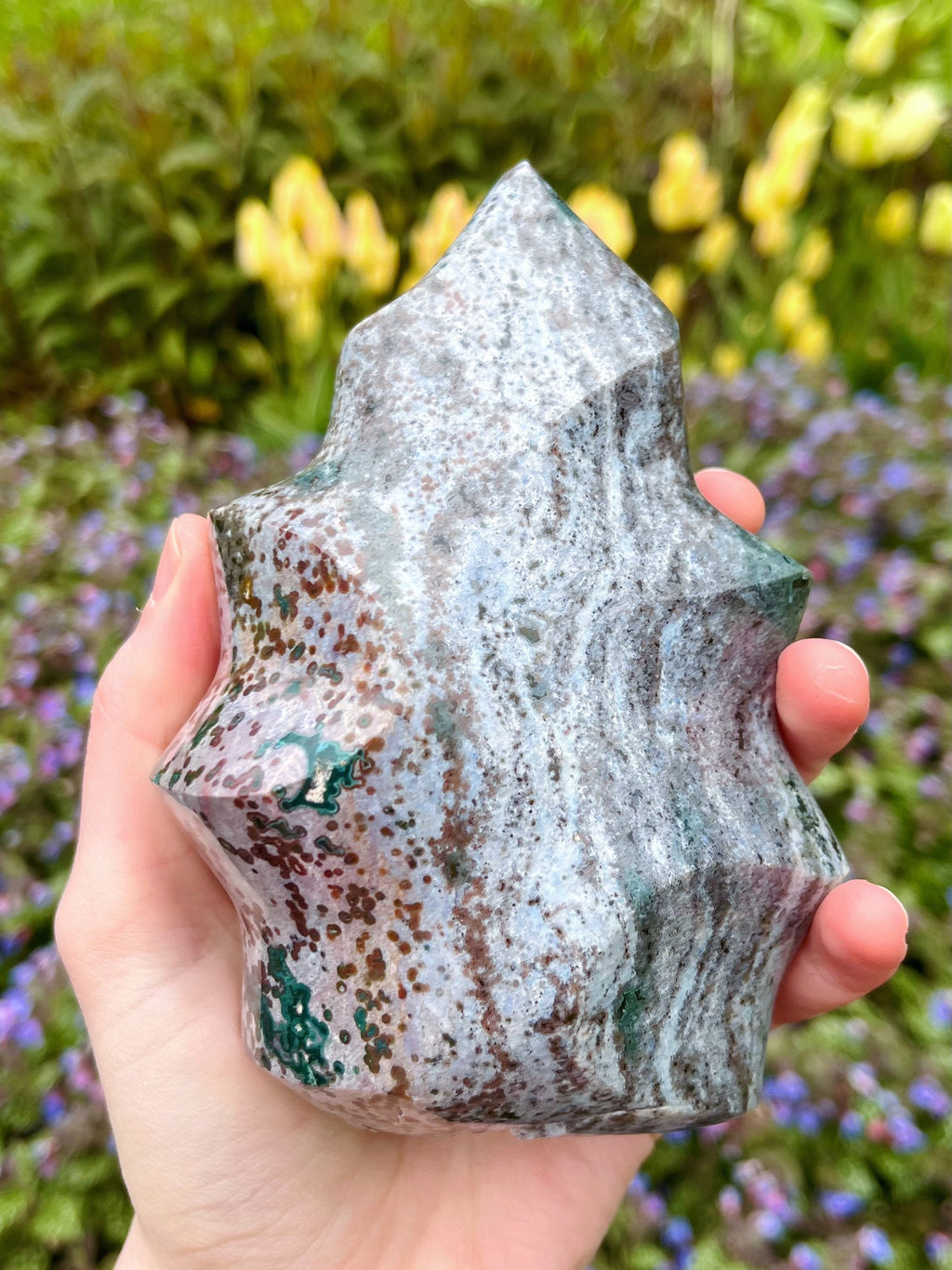 Large Ocean Jasper Flame, Polished Pastel Sea Jasper Freeform Cut Base