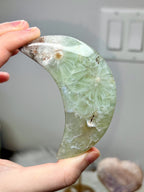 Green Quartz Flower Agate Moon, Crescent Moon Crystal Carving on Stand