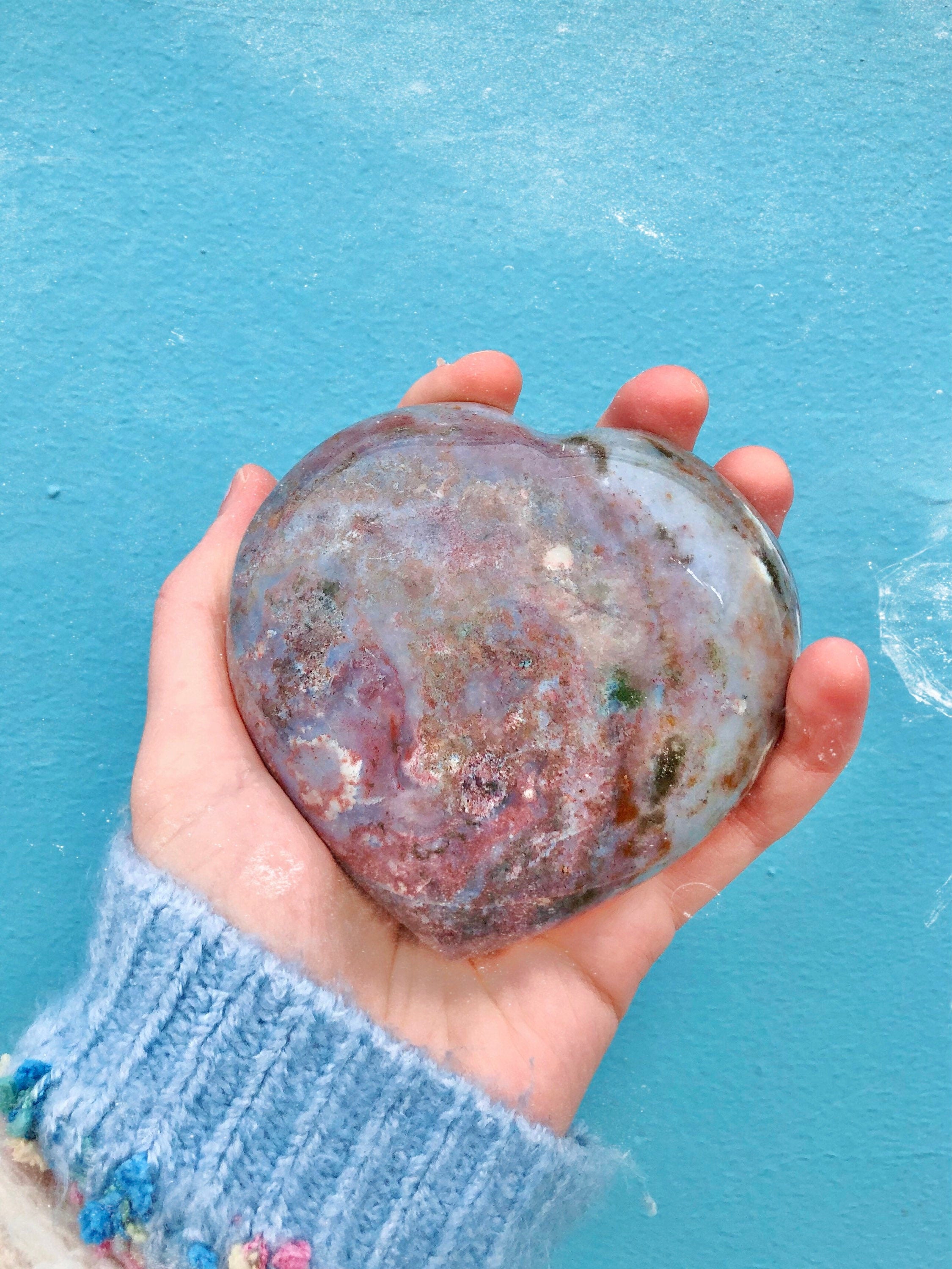 Large Pastel Ocean Jasper Crystal Heart, Polished Rainbow Sea Jasper Carving