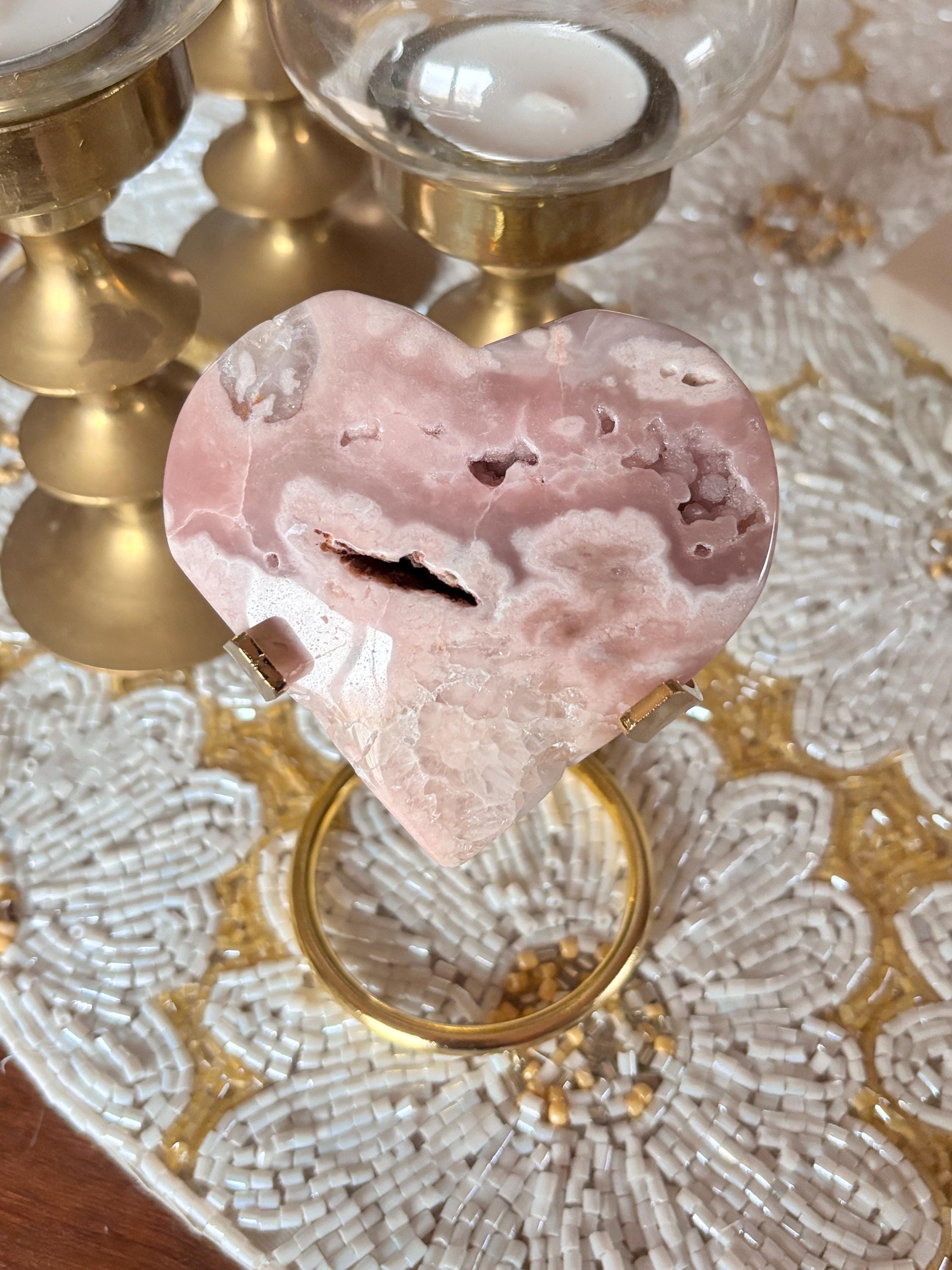 Polished Pink Amethyst Flower Agate Heart with Botryoidal Agate Druzy Caves