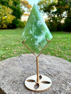 Green Serpentine "New Jade" Diamond, Serpentine Crystal Carving on Gold Stand