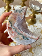 Rainbow Agate Crescent Moon Crystal Carving on Gold Stand