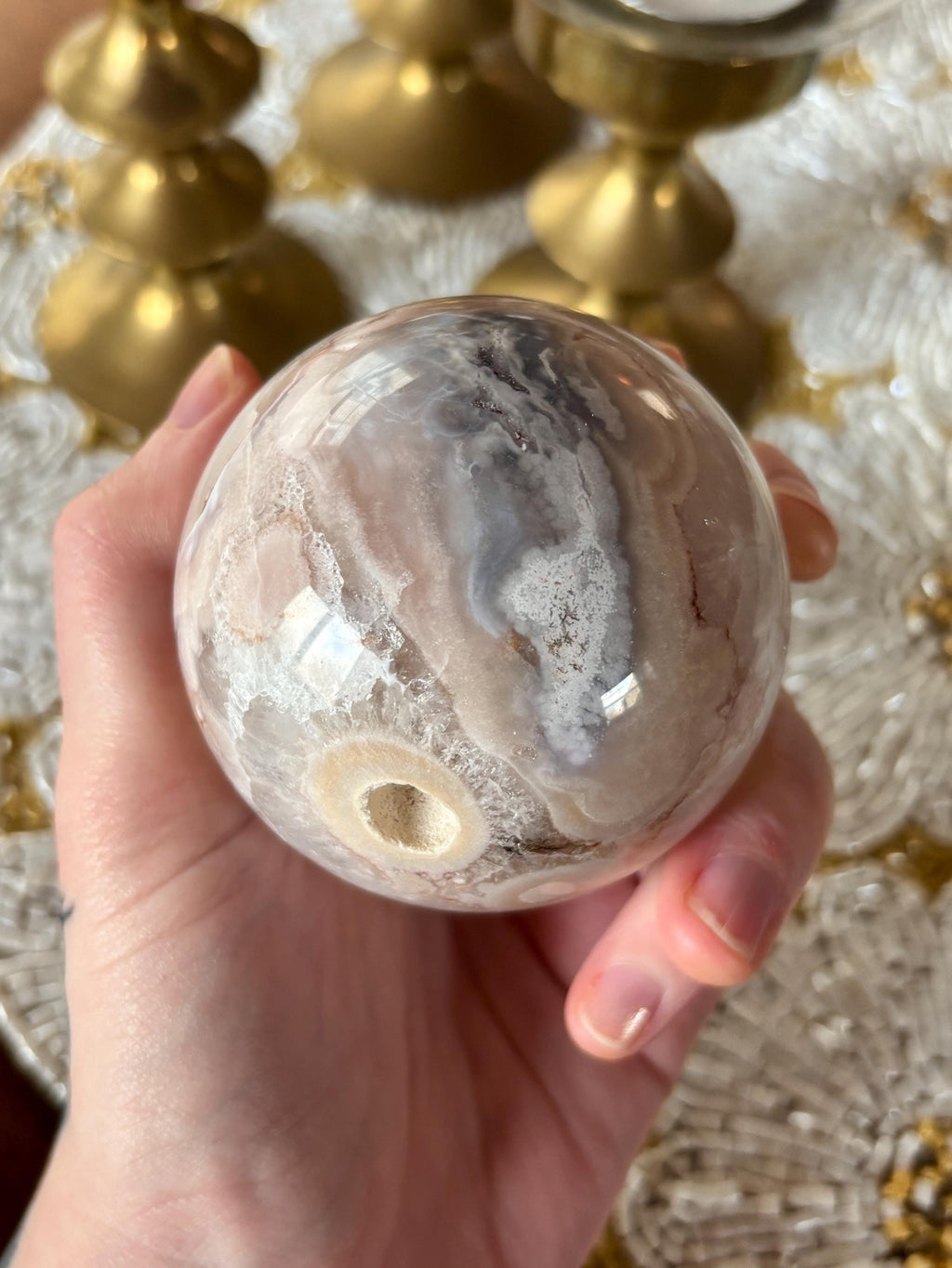 Pink Amethyst Flower Agate Sphere with Quartz Druzy Cave