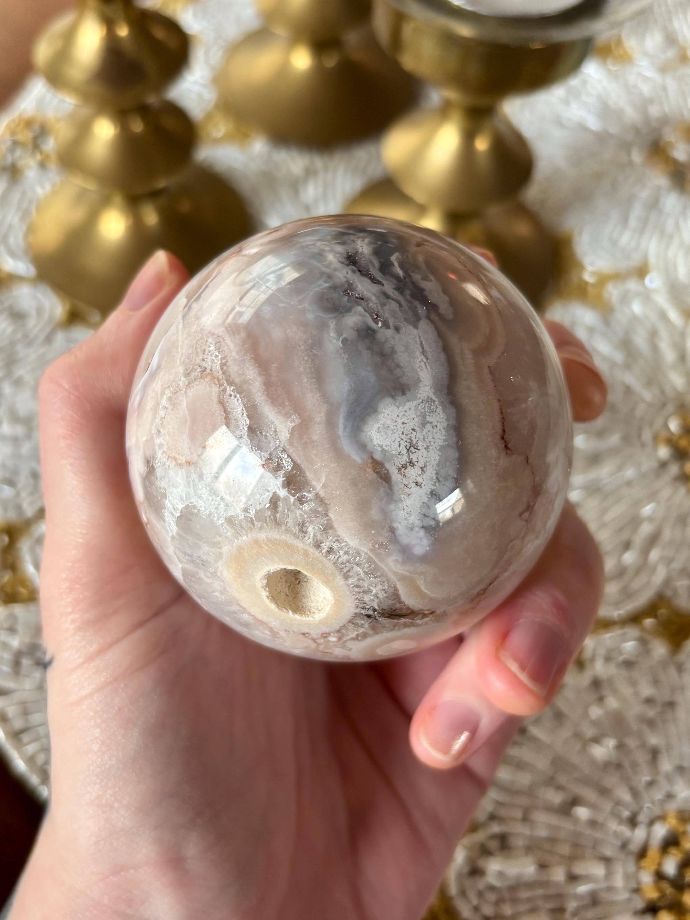 Pink Amethyst Flower Agate Sphere with Quartz Druzy Cave