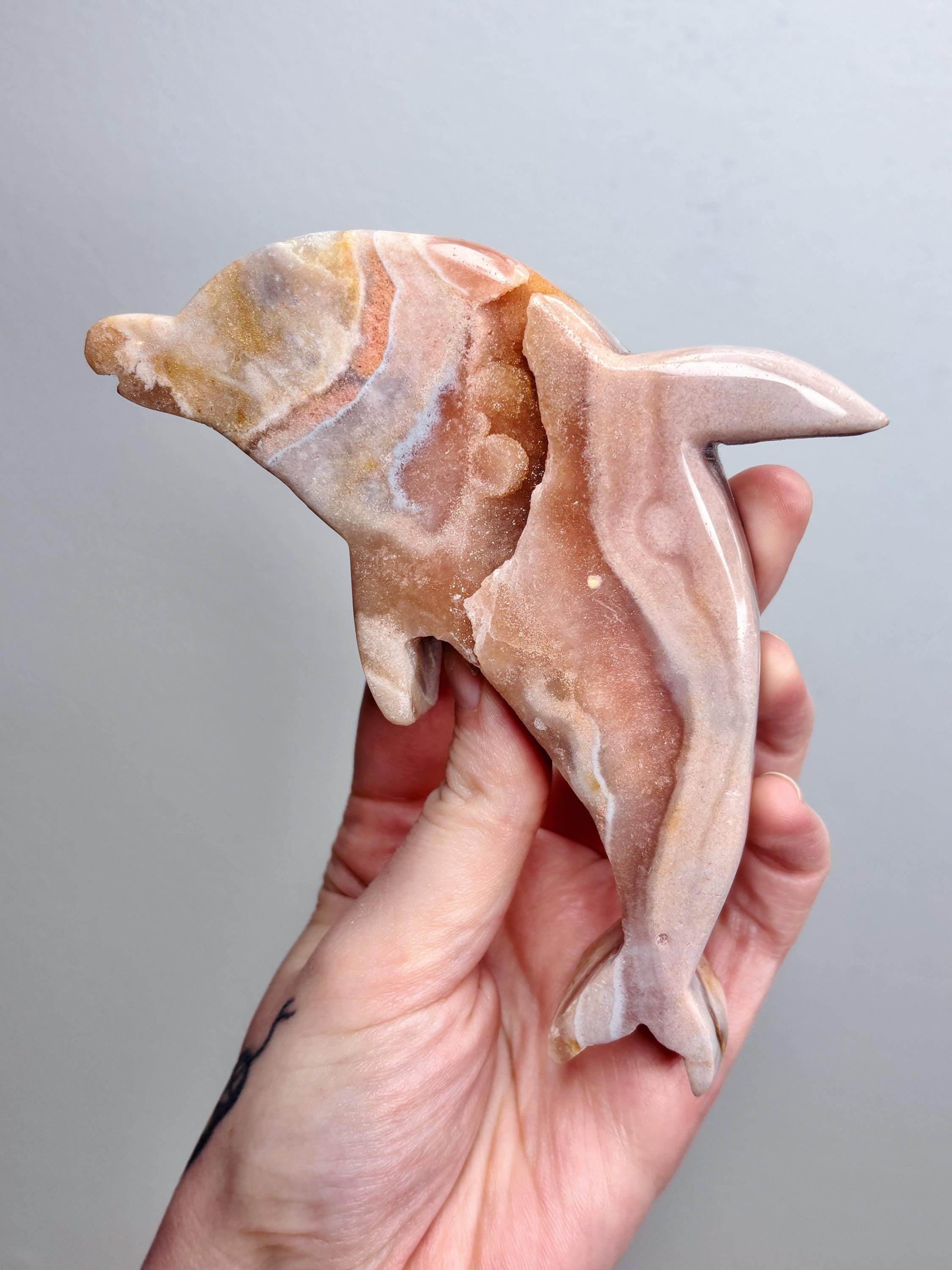 Yellow & Pink Amethyst Dolphin Crystal with Gold Stand,