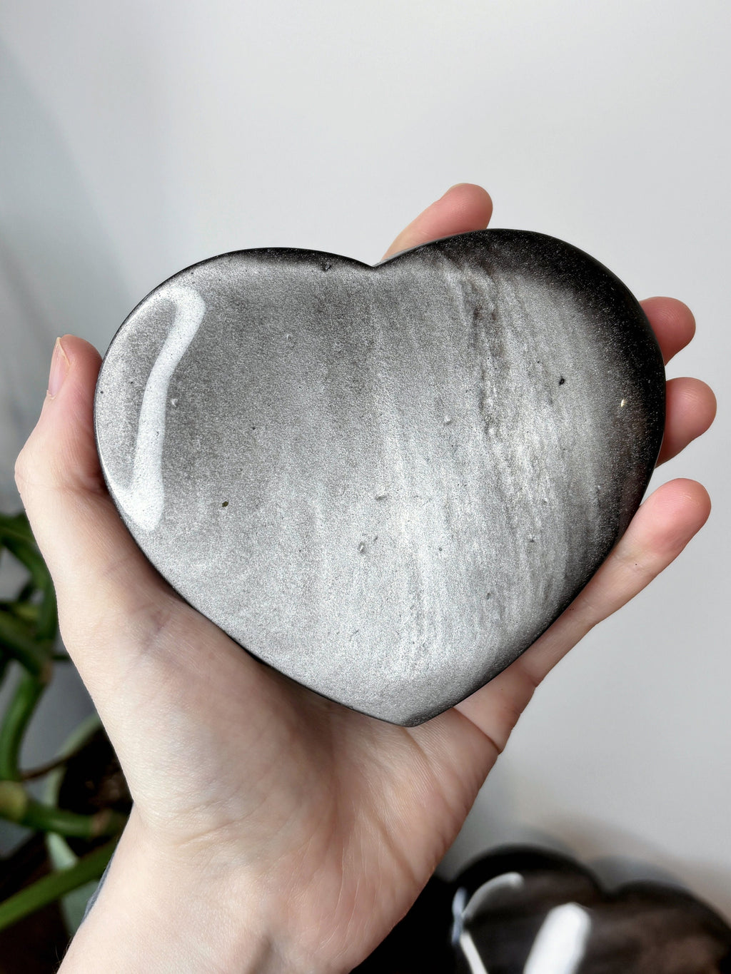 Large Silver Sheen Obsidian Heart, Polished Black Obsidian with Silver Flash Crystal Carving