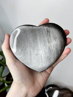 Large Silver Sheen Obsidian Heart, Polished Black Obsidian with Silver Flash Crystal Carving