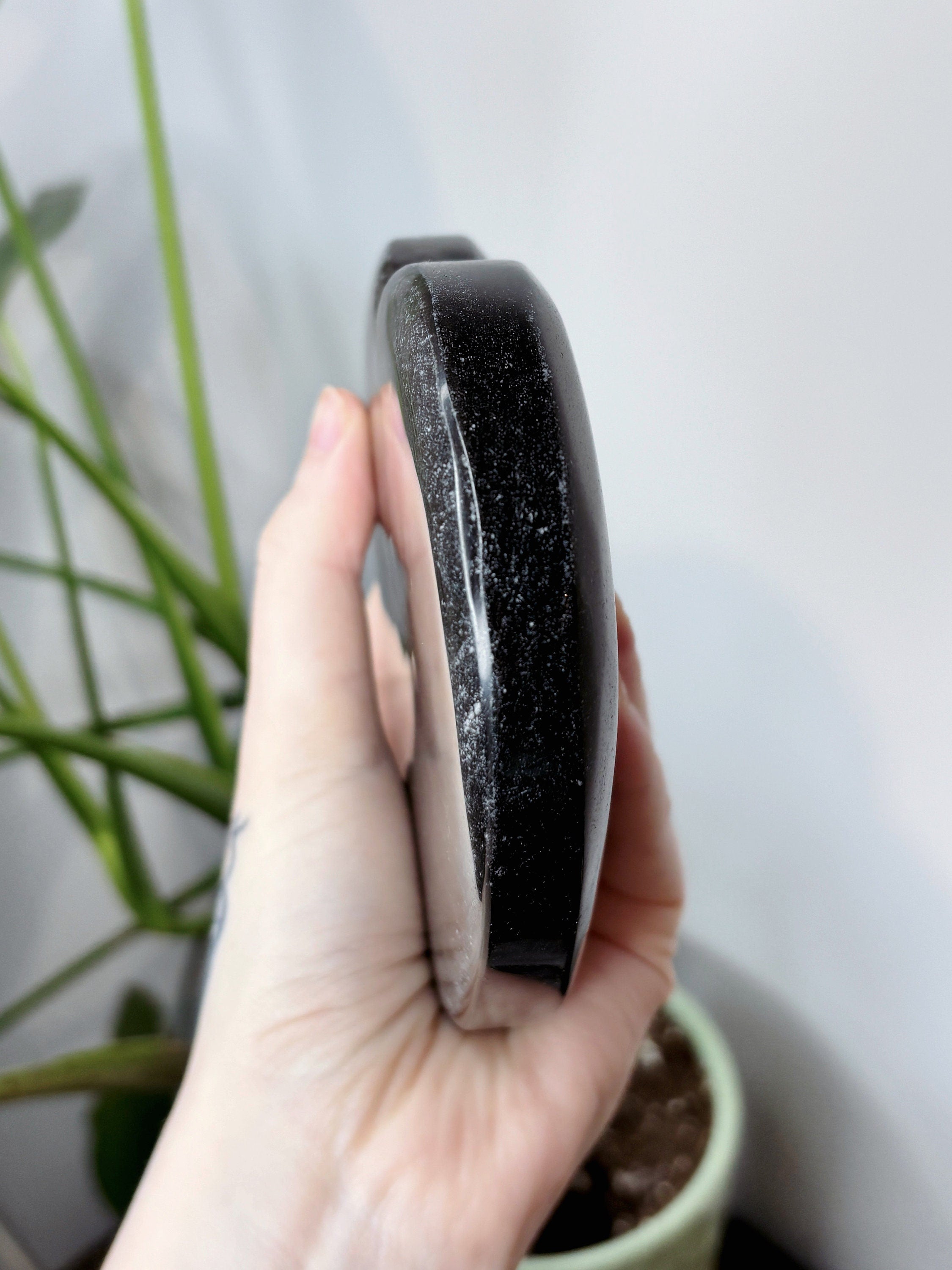 Large Silver Sheen Obsidian Heart, Polished Black Obsidian with Silver Flash Crystal Carving