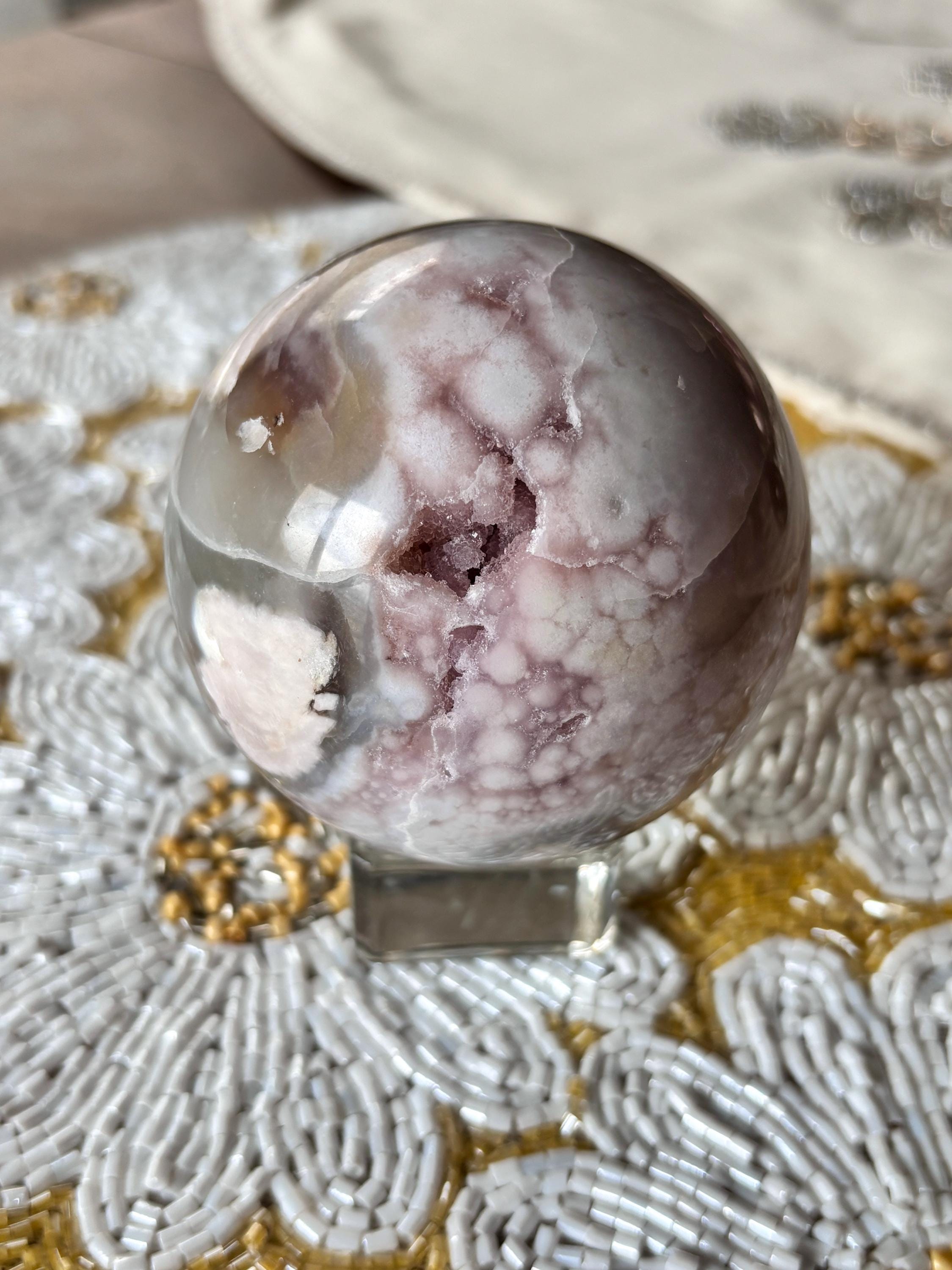 Large Druzy Flower Agate Sphere, Polished Pink Amethyst Flower Agate with Quartz