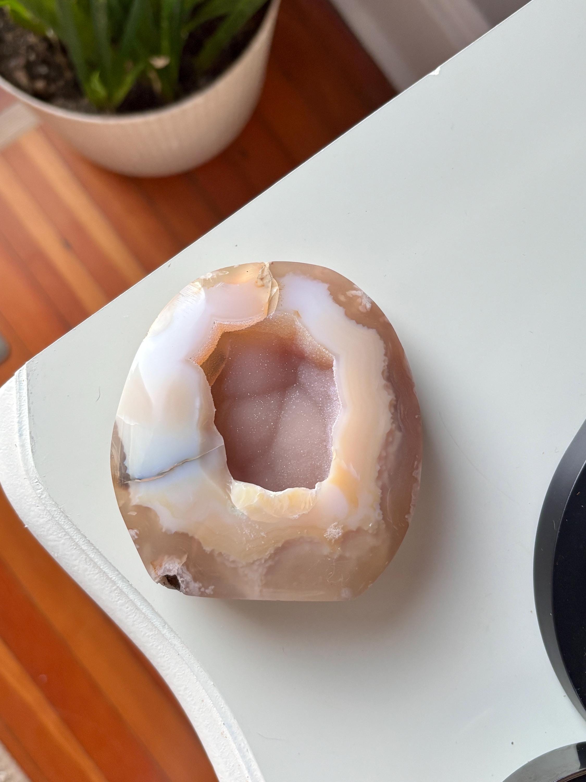 Sugary Pink Amethyst & Yellow Agate Freeform, Polished Agate Amethyst Geode Cut Base with Raw Druzy Center