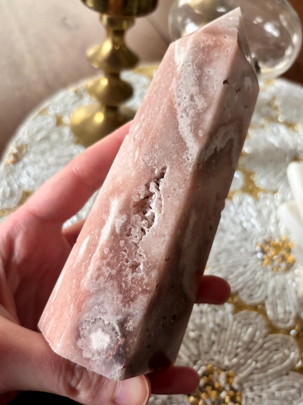 Large Pink Amethyst Flower Agate Tower with Botryoidal Formations