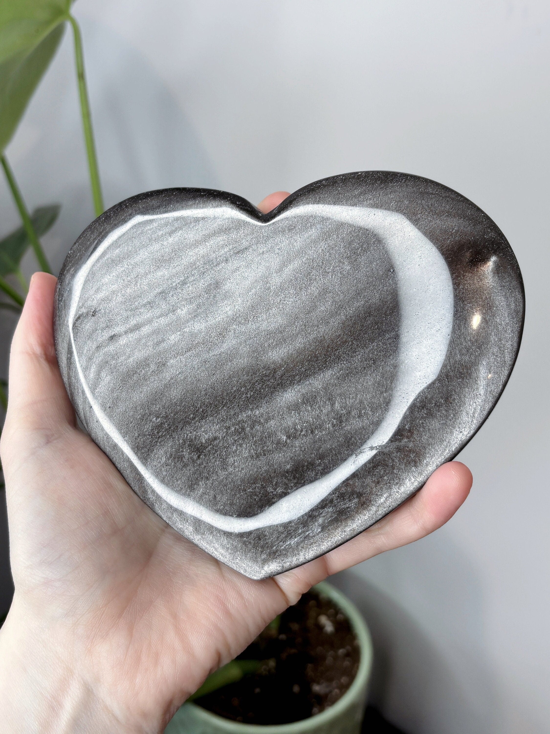 Large Silver Sheen Obsidian Heart, Polished Black Obsidian with Silver Flash Crystal Carving