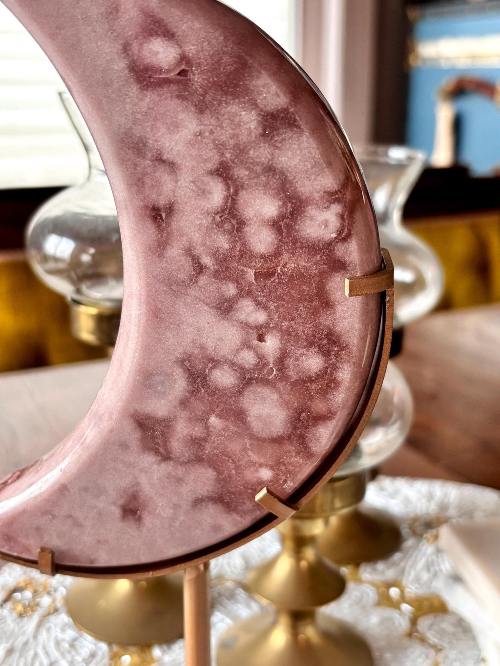 Large Pink Amethyst Flower Agate Moon, Crescent Moon Crystal Carving with Gold Stand
