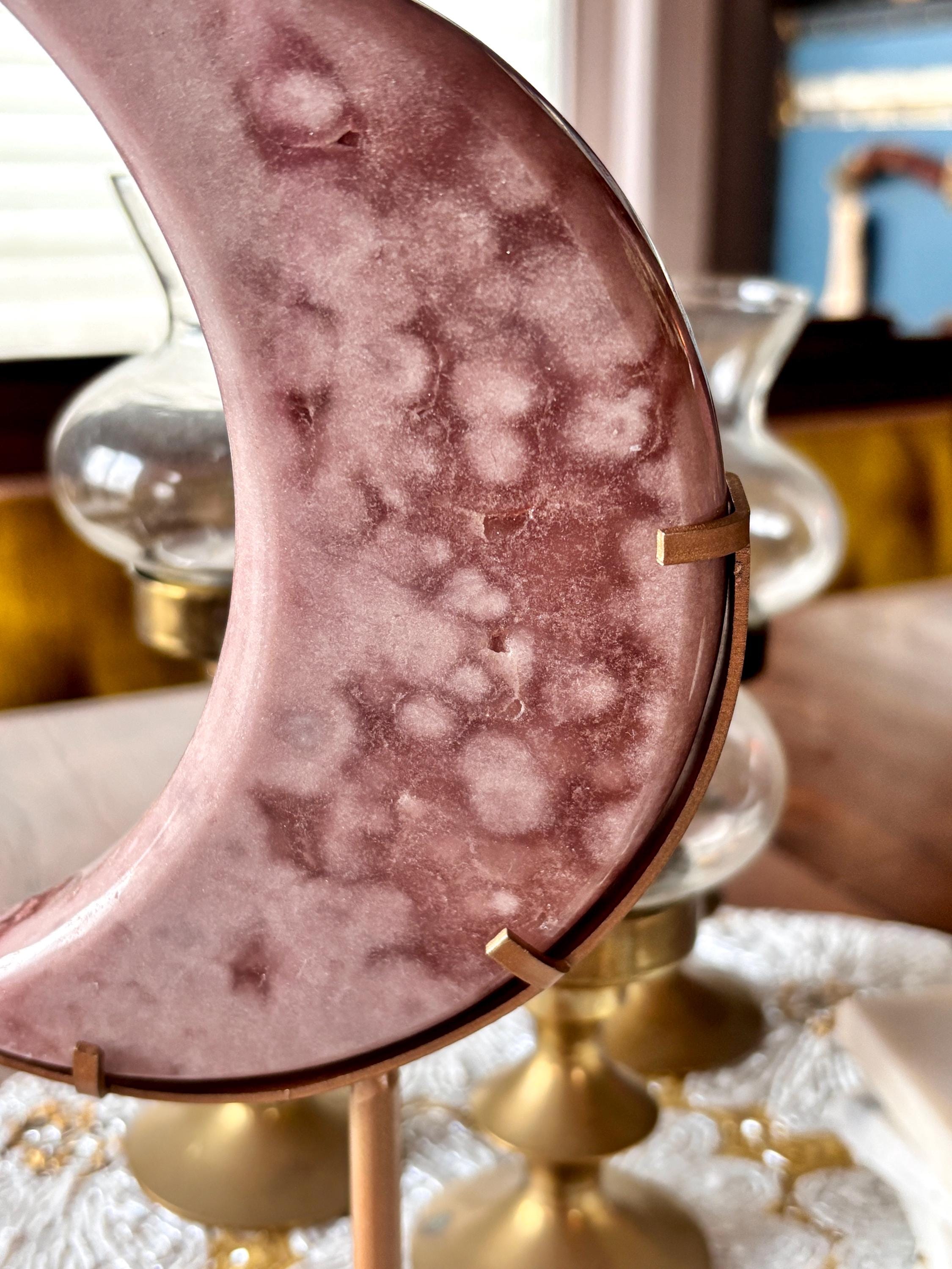 Large Pink Amethyst Flower Agate Moon, Crescent Moon Crystal Carving with Gold Stand