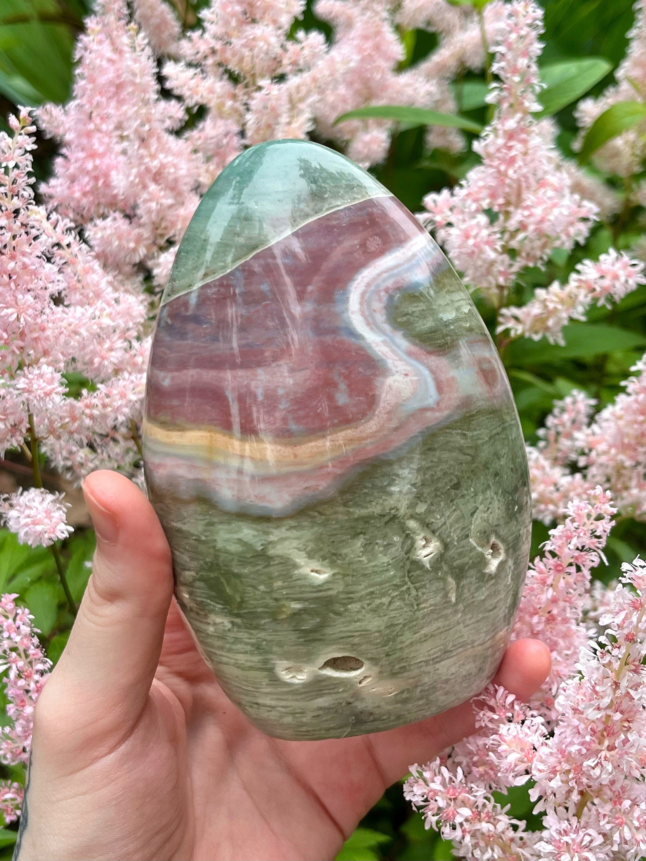 Large Ocean Jasper Freeform, Green Pink Sea Jasper Crystal Cut Base