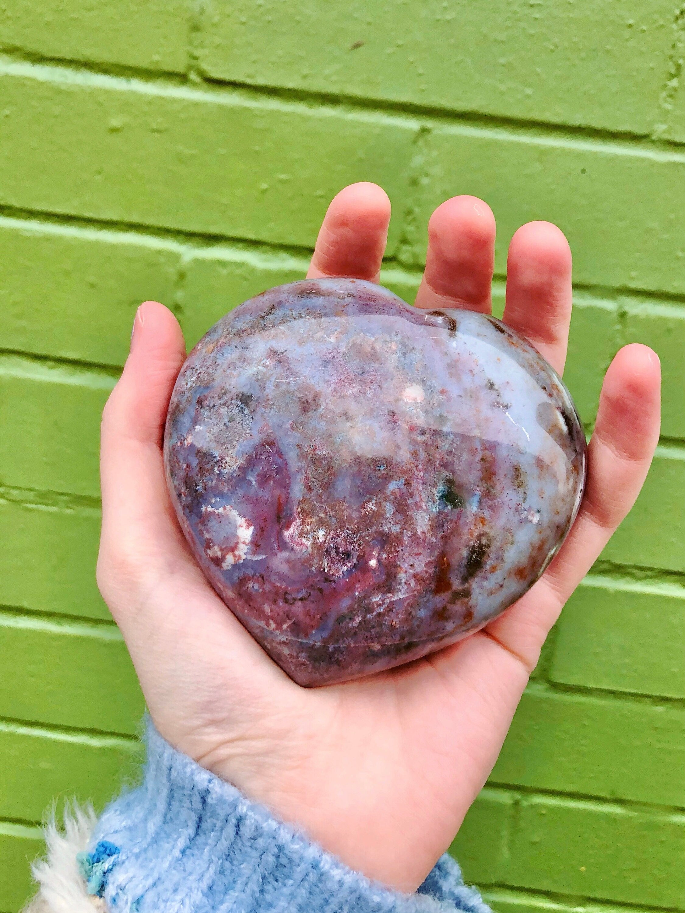 Large Pastel Ocean Jasper Crystal Heart, Polished Rainbow Sea Jasper Carving