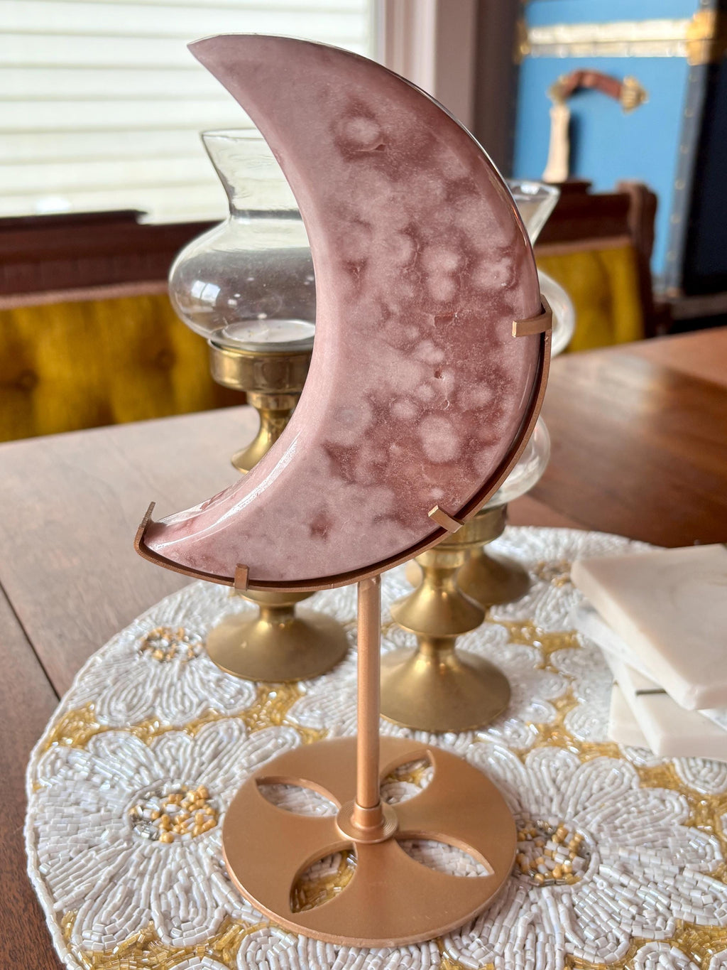 Large Pink Amethyst Flower Agate Moon, Crescent Moon Crystal Carving with Gold Stand