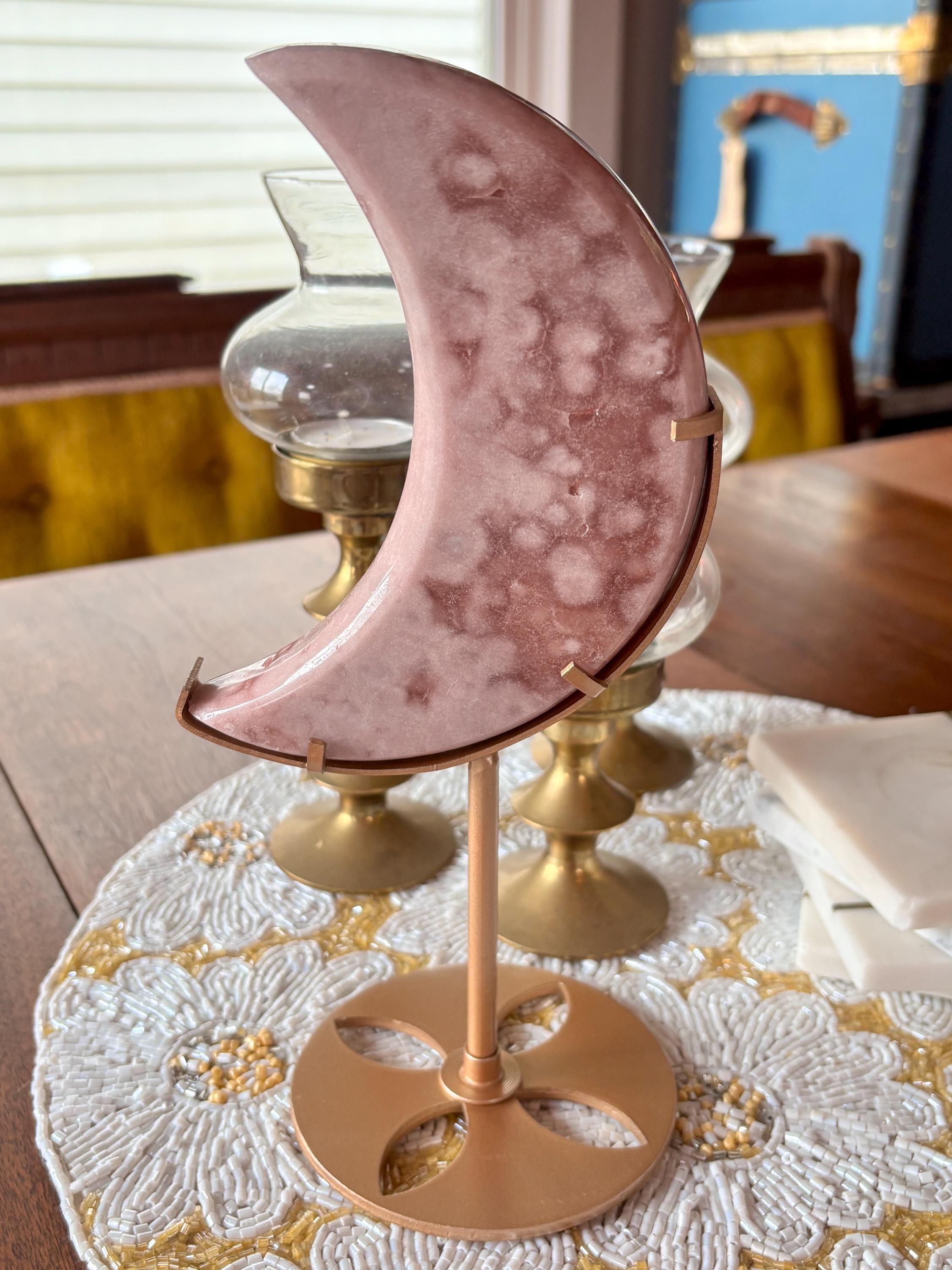 Large Pink Amethyst Flower Agate Moon, Crescent Moon Crystal Carving with Gold Stand