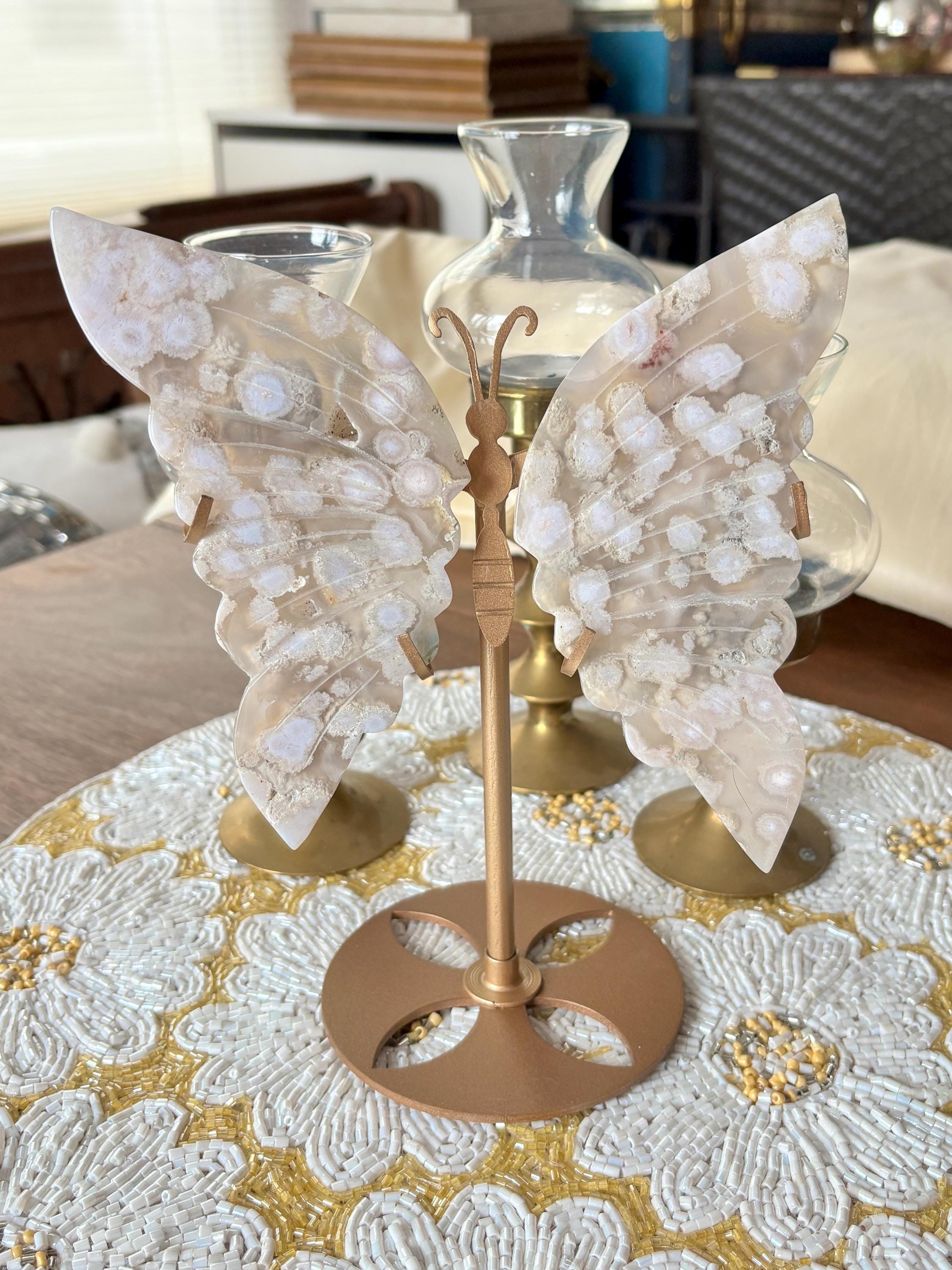 Flower Agate Butterfly Wing Crystal Display on Gold Stand