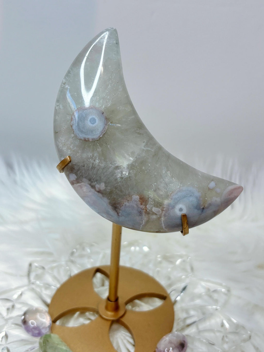 Green Quartz Flower Agate Moon Crescent Moon Crystal Carving on Stand