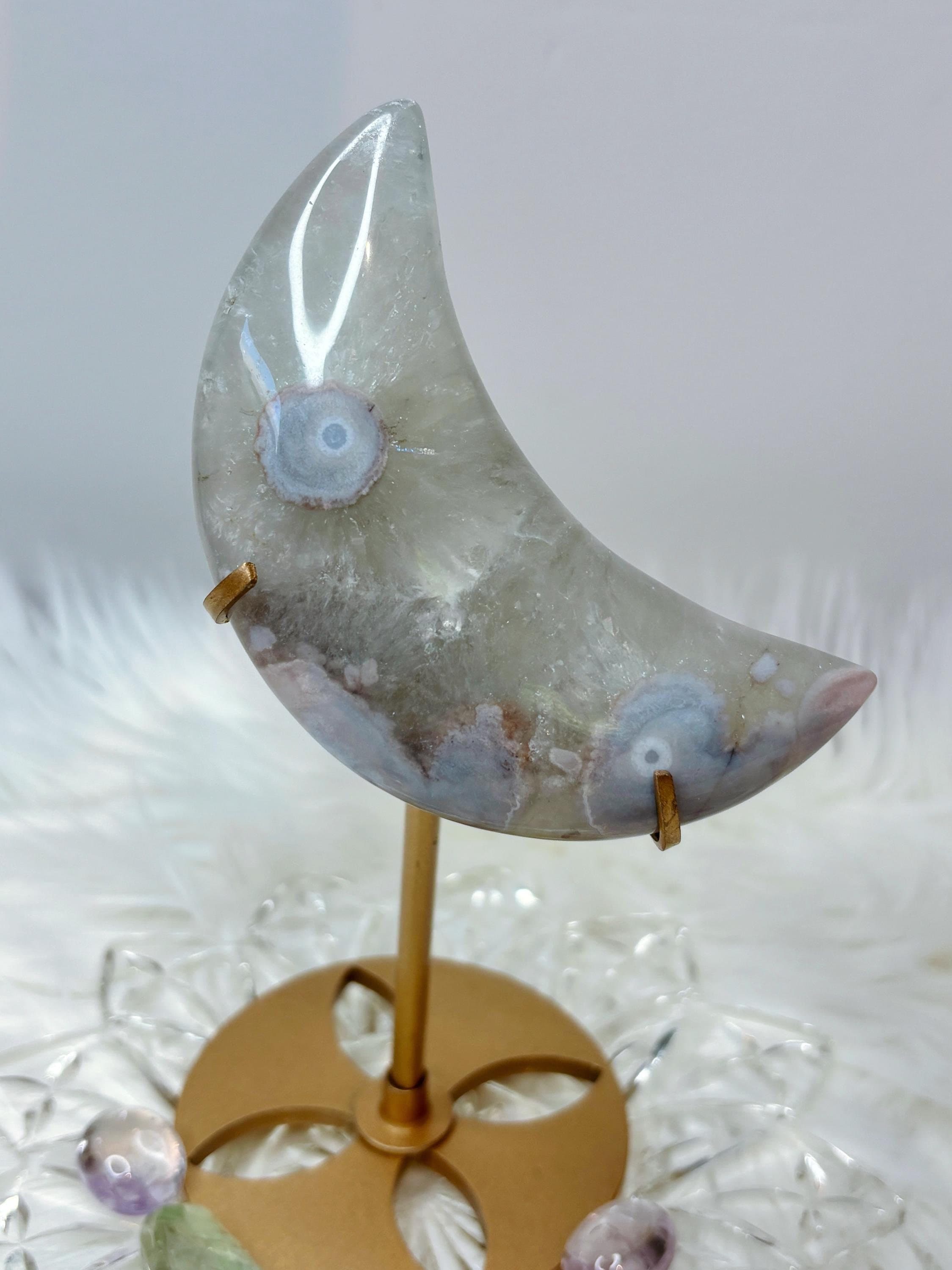 Green Quartz Flower Agate Moon Crescent Moon Crystal Carving on Stand