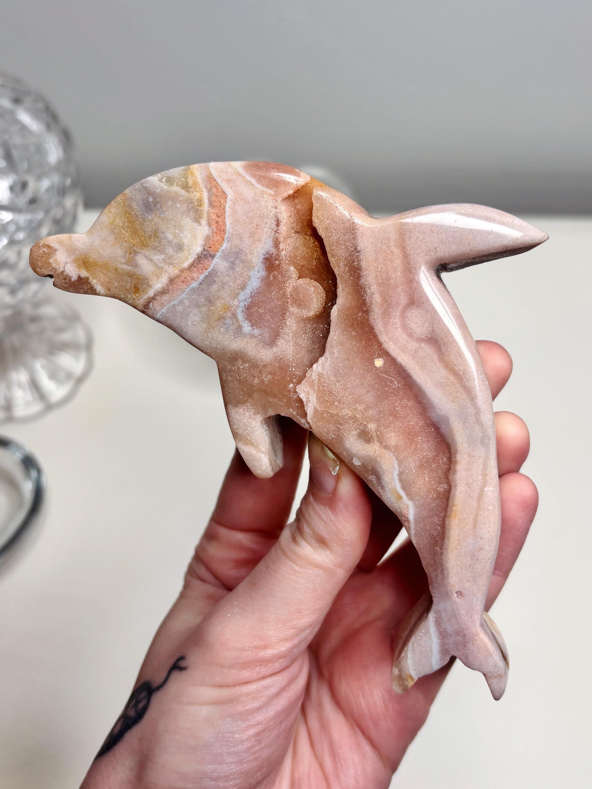 Yellow & Pink Amethyst Dolphin Crystal with Gold Stand,