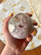 Large Druzy Flower Agate Sphere, Polished Pink Amethyst Flower Agate with Quartz