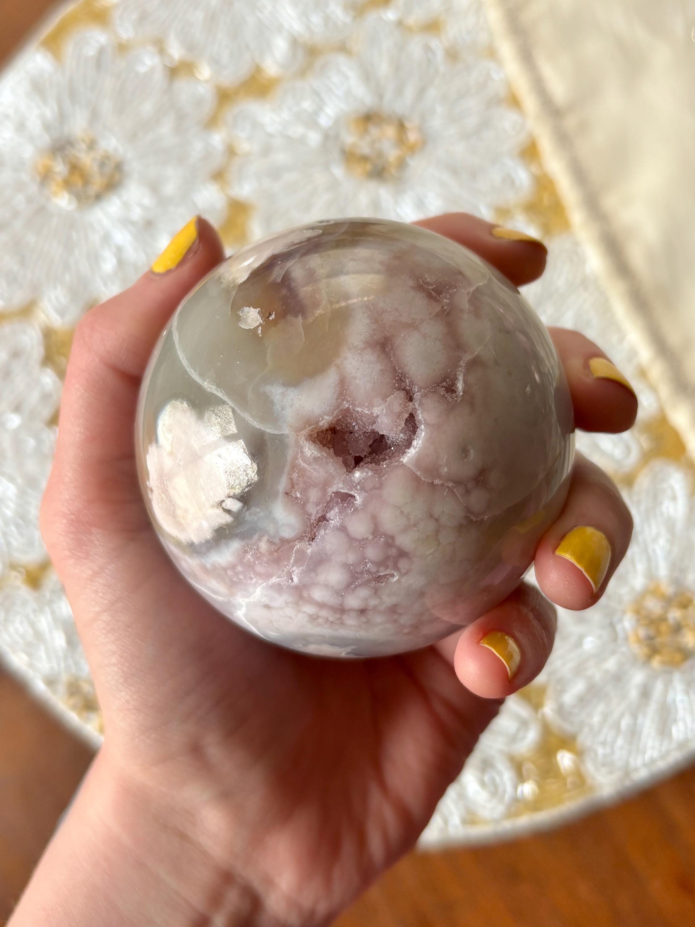 Large Druzy Flower Agate Sphere, Polished Pink Amethyst Flower Agate with Quartz