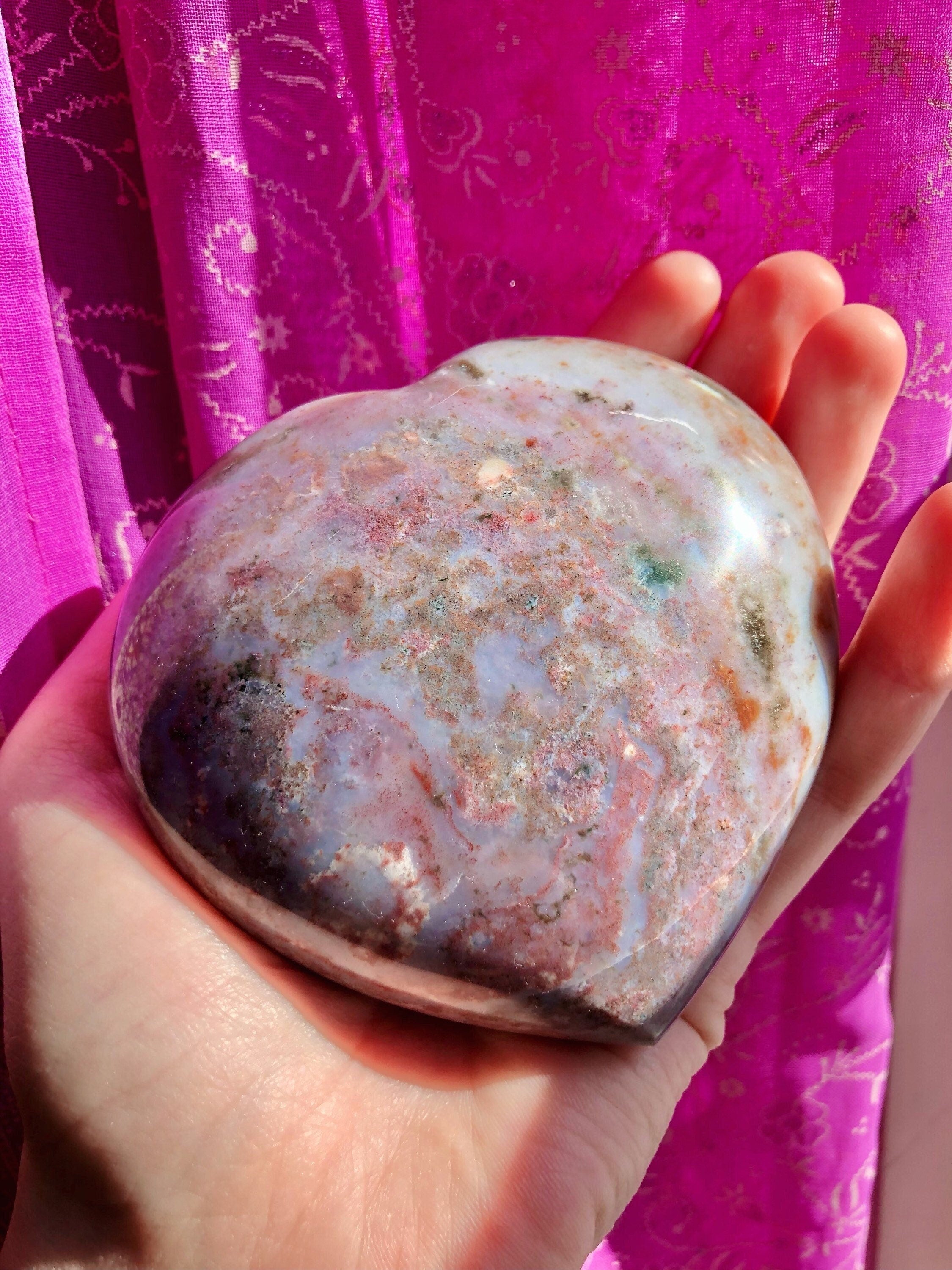 Large Pastel Ocean Jasper Crystal Heart, Polished Rainbow Sea Jasper Carving