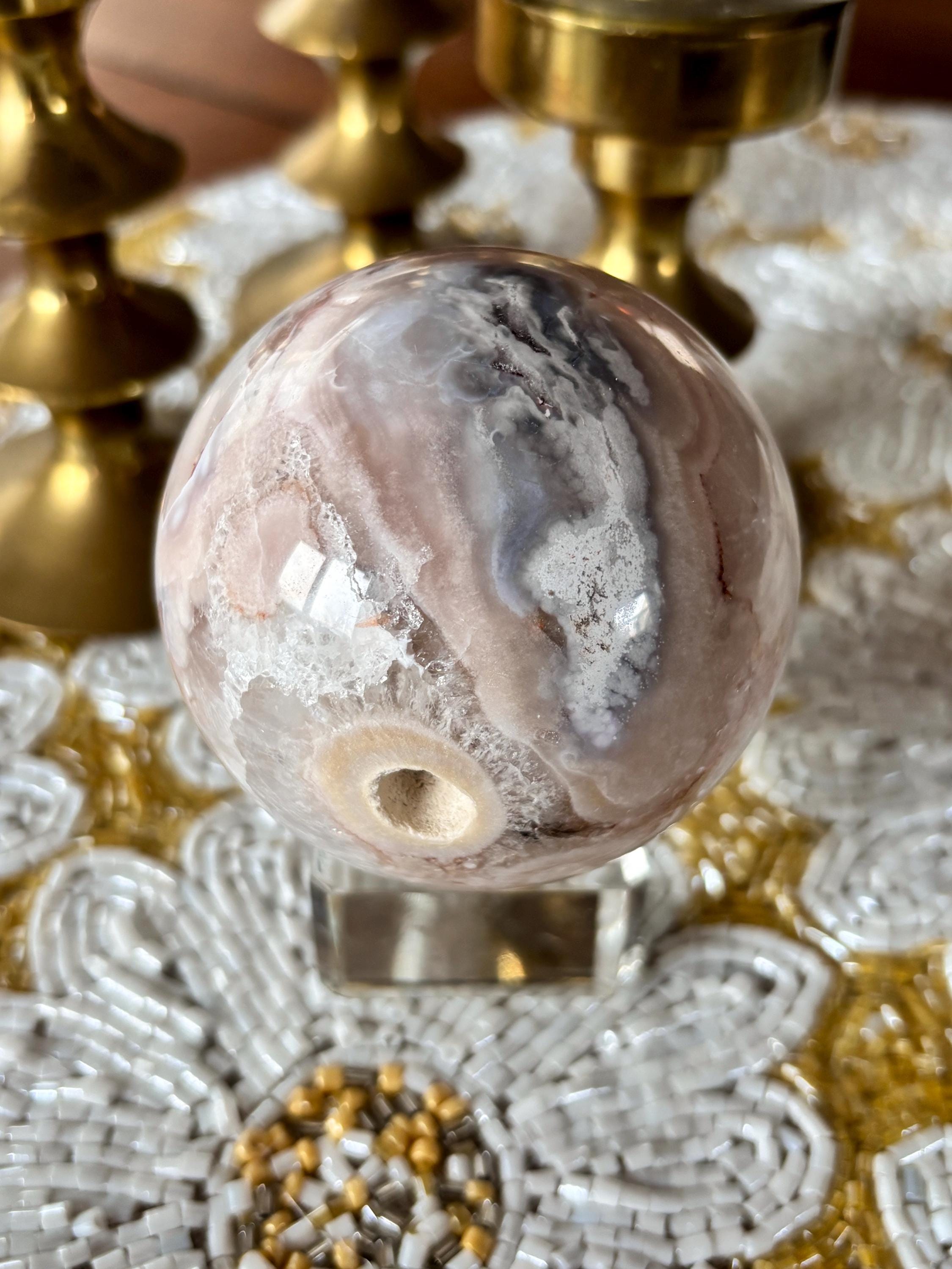 Pink Amethyst Flower Agate Sphere with Quartz Druzy Cave