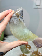Green Quartz Flower Agate Moon, Crescent Moon Crystal Carving on Stand