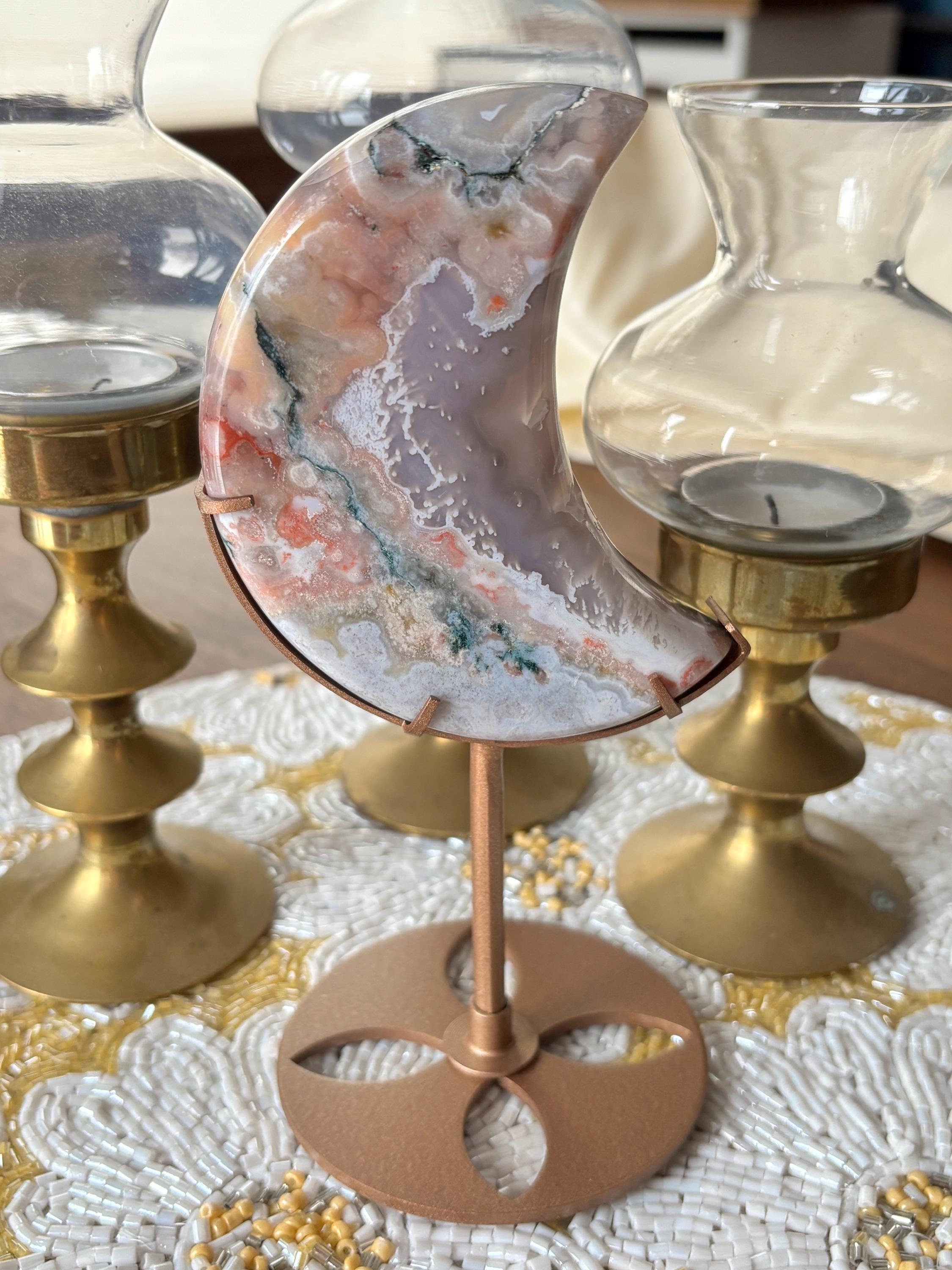 Rainbow Agate Crescent Moon Crystal Carving on Gold Stand