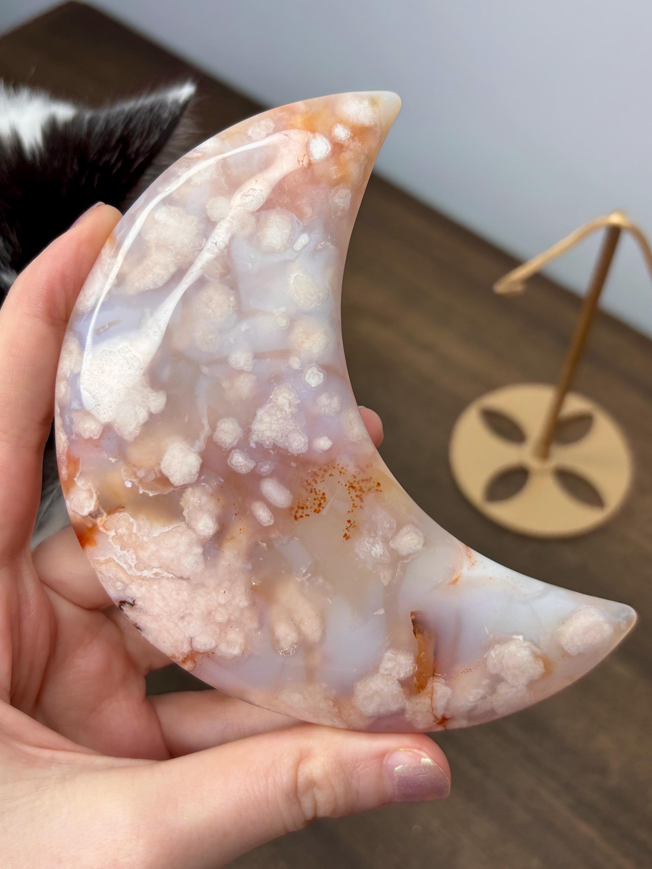 Peach-Pink Flower Agate Crescent Crystal Moon Carving on Gold Stand