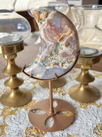 Rainbow Agate Crescent Moon Crystal Carving on Gold Stand