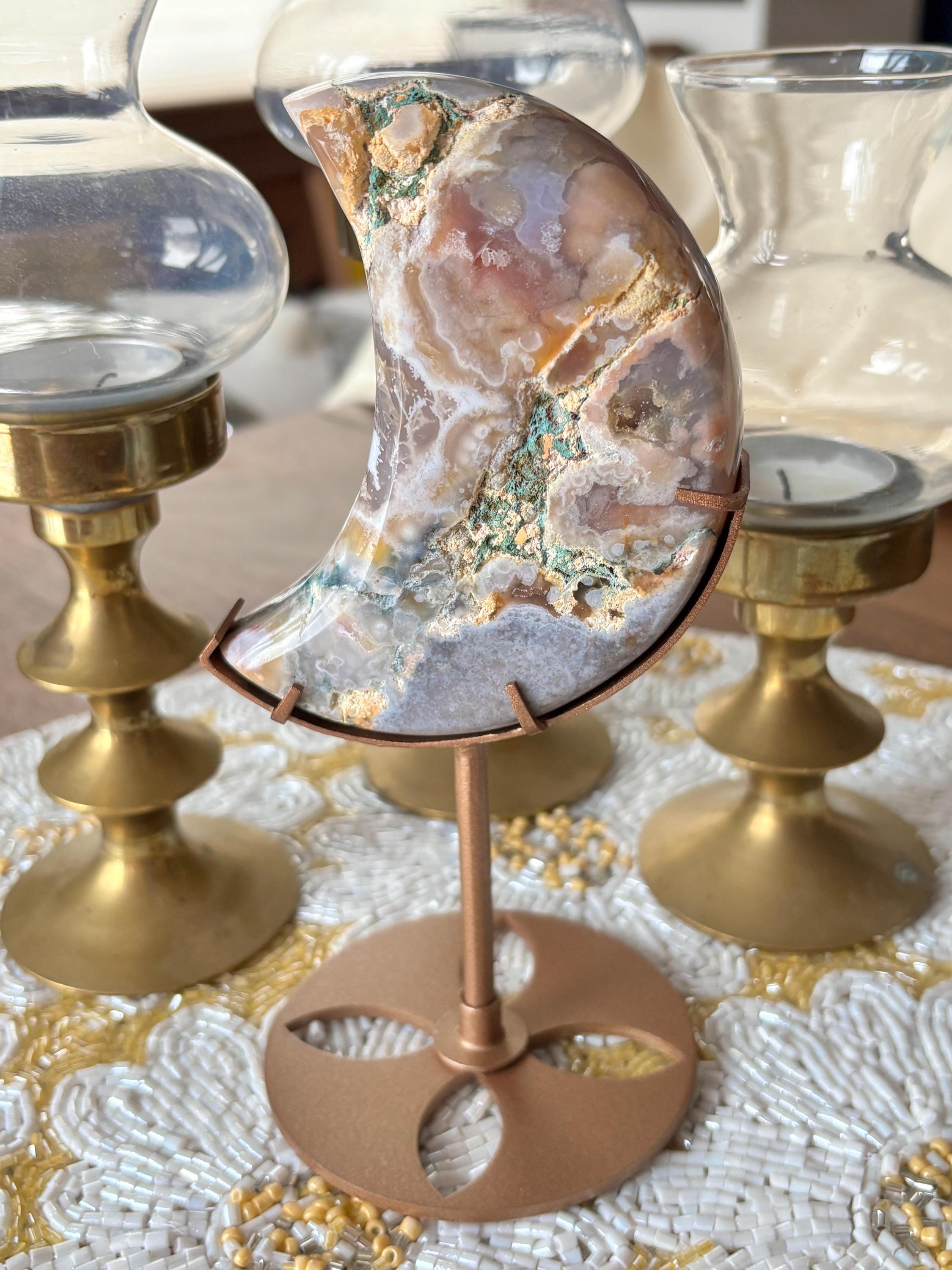 Rainbow Agate Crescent Moon Crystal Carving on Gold Stand