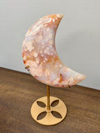 Peach-Pink Flower Agate Crescent Crystal Moon Carving on Gold Stand