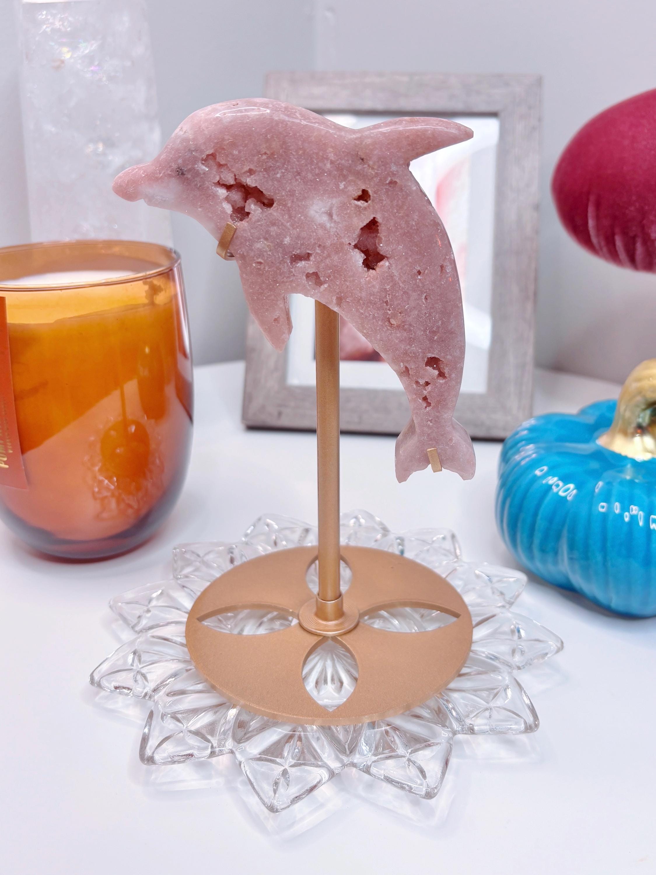 Pink Amethyst Dolphin Crystal with Gold Stand