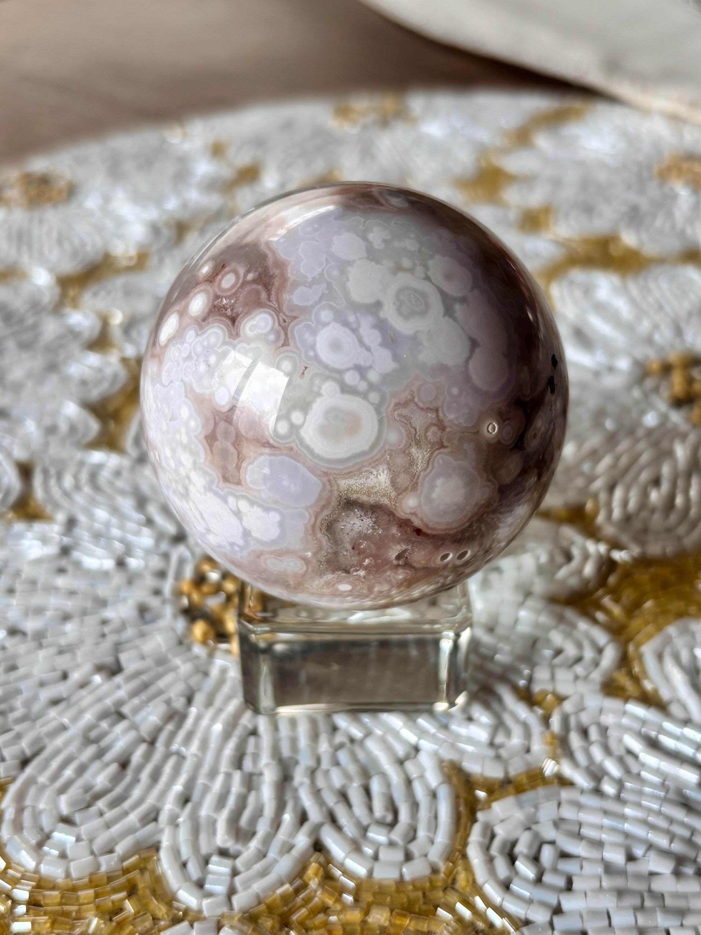 Orby Flower Agate Sphere, Red Pink Yellow Flower Agate with Quartz Druzy