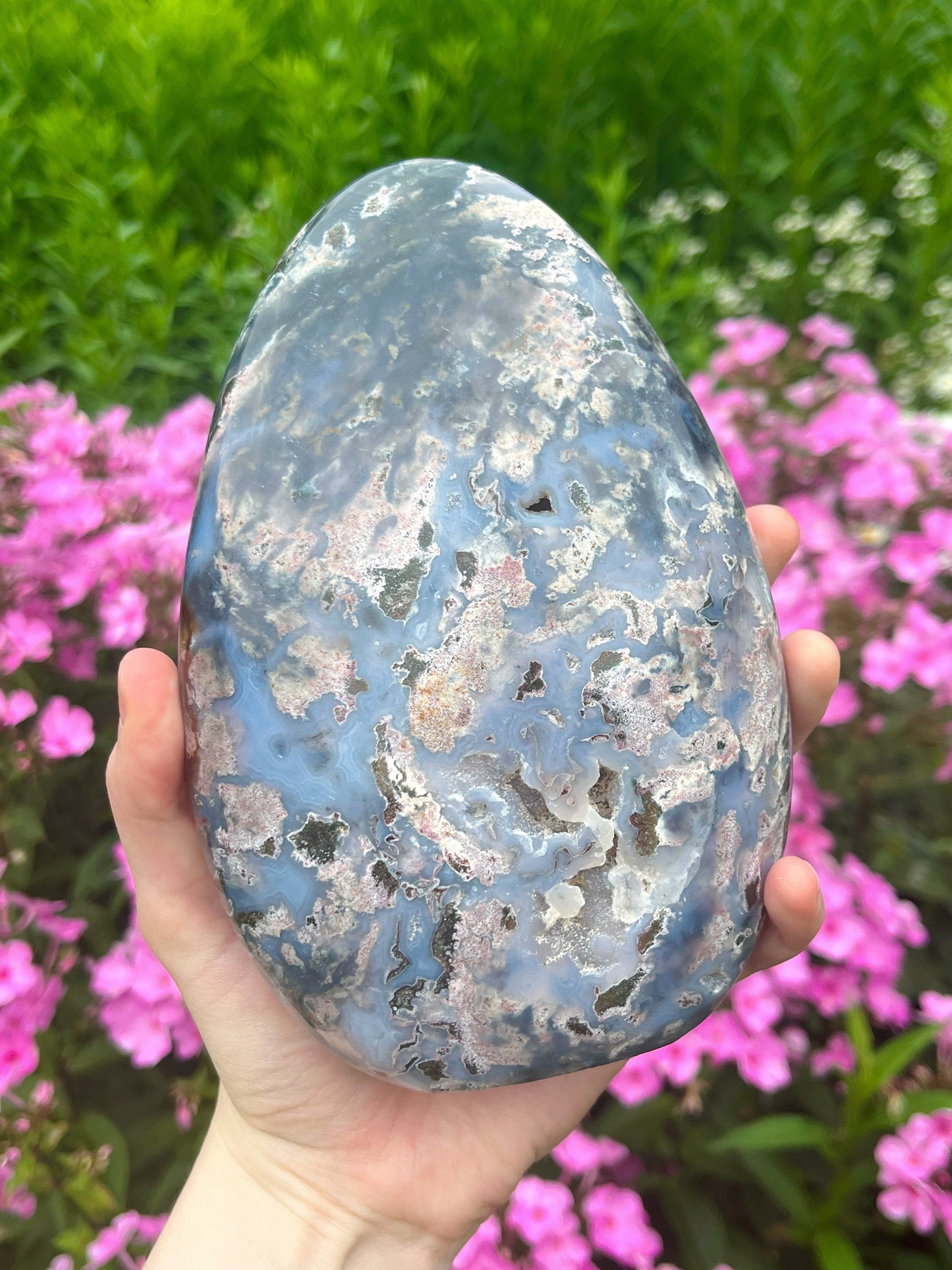 Huge Ocean Jasper Freeform, Polished Blue & Pink Sea Jasper Cut Base