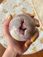 Large Druzy Flower Agate Sphere, Polished Pink Amethyst Flower Agate with Quartz
