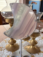 Yttrium Fluorite Moon Crystal, Lavender Fluorite Crescent Moon Carving on Silver Stand