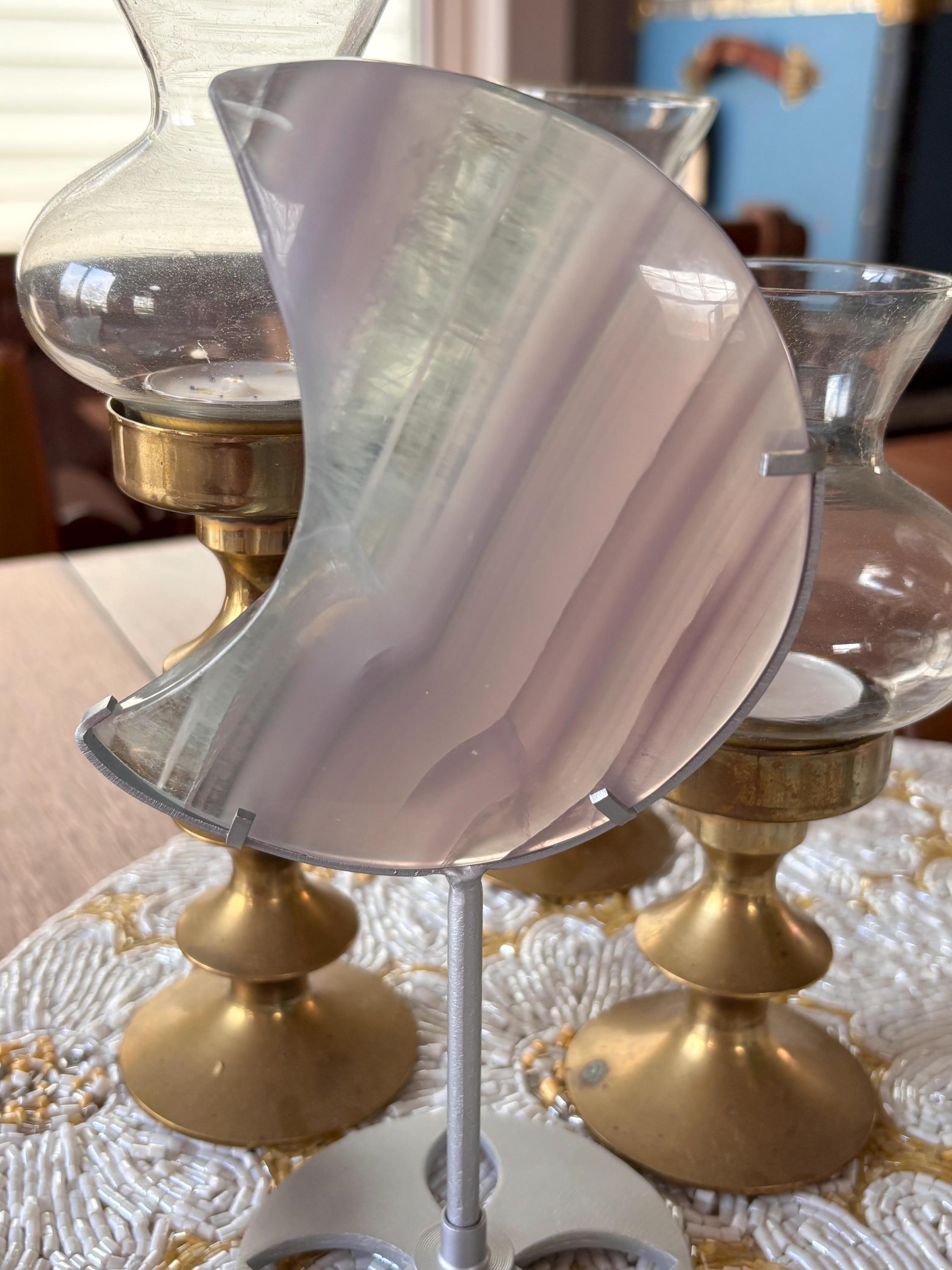 Yttrium Fluorite Moon Crystal, Lavender Fluorite Crescent Moon Carving on Silver Stand