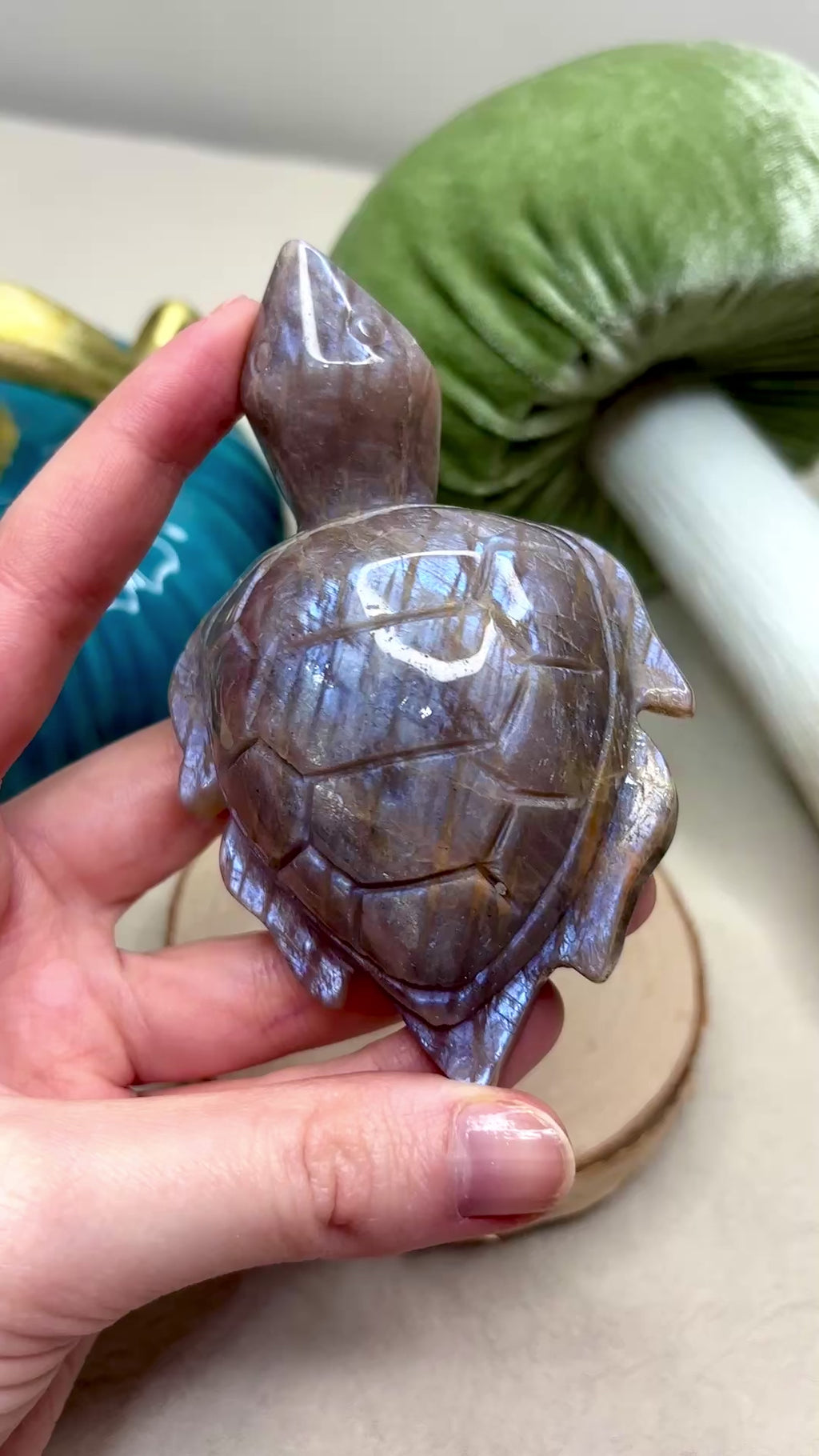Moonstone Sea Turtle Carving, Natural Blue Flash Moonstone Crystal
