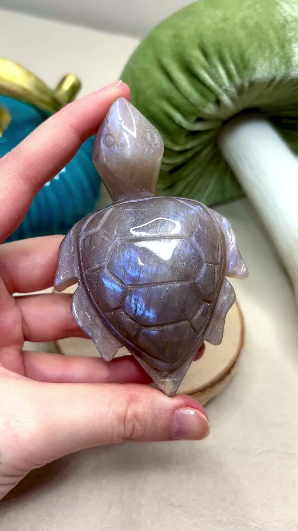 Moonstone Sea Turtle Carving, Natural Blue Flash Moonstone Crystal